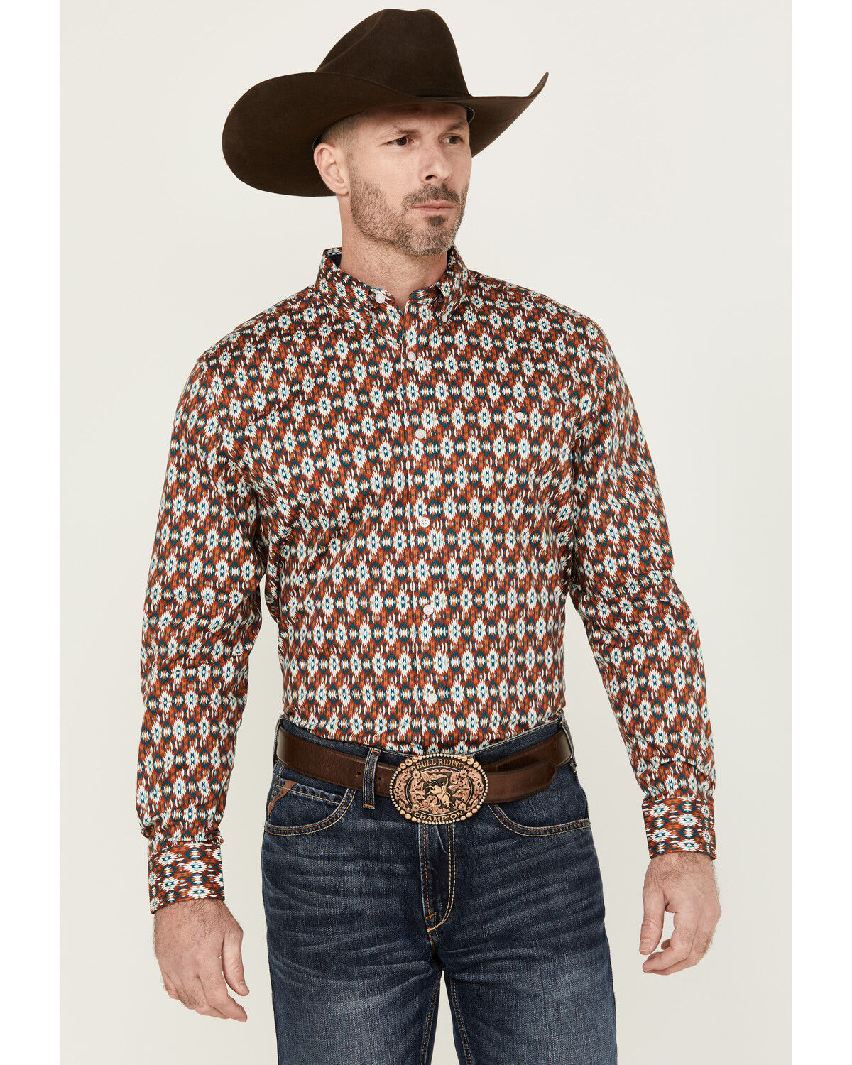 Image #1 - RANK 45® Men's Multaz Southwestern Print Geo Print Long Sleeve Button-Down Performance Stretch Western Shirt, Teal, hi-res