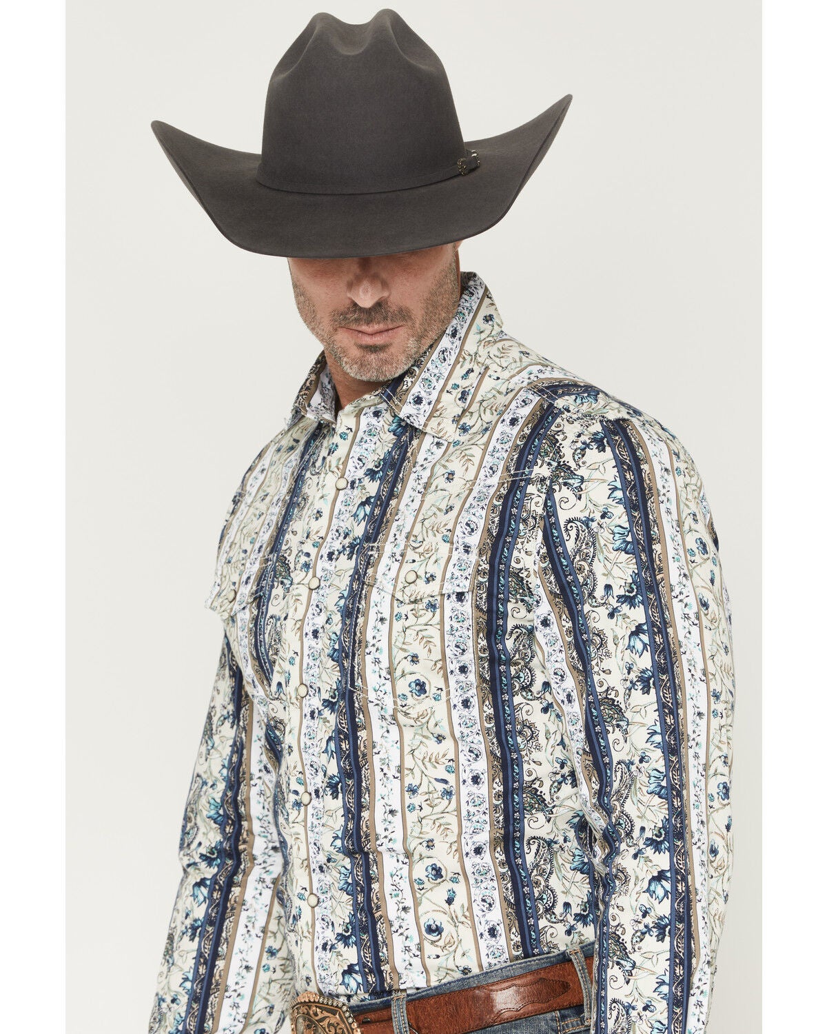 Image #2 - Wrangler Retro Men's Premium Paisley Striped Long Sleeve Snap Western Shirt, Cream, hi-res