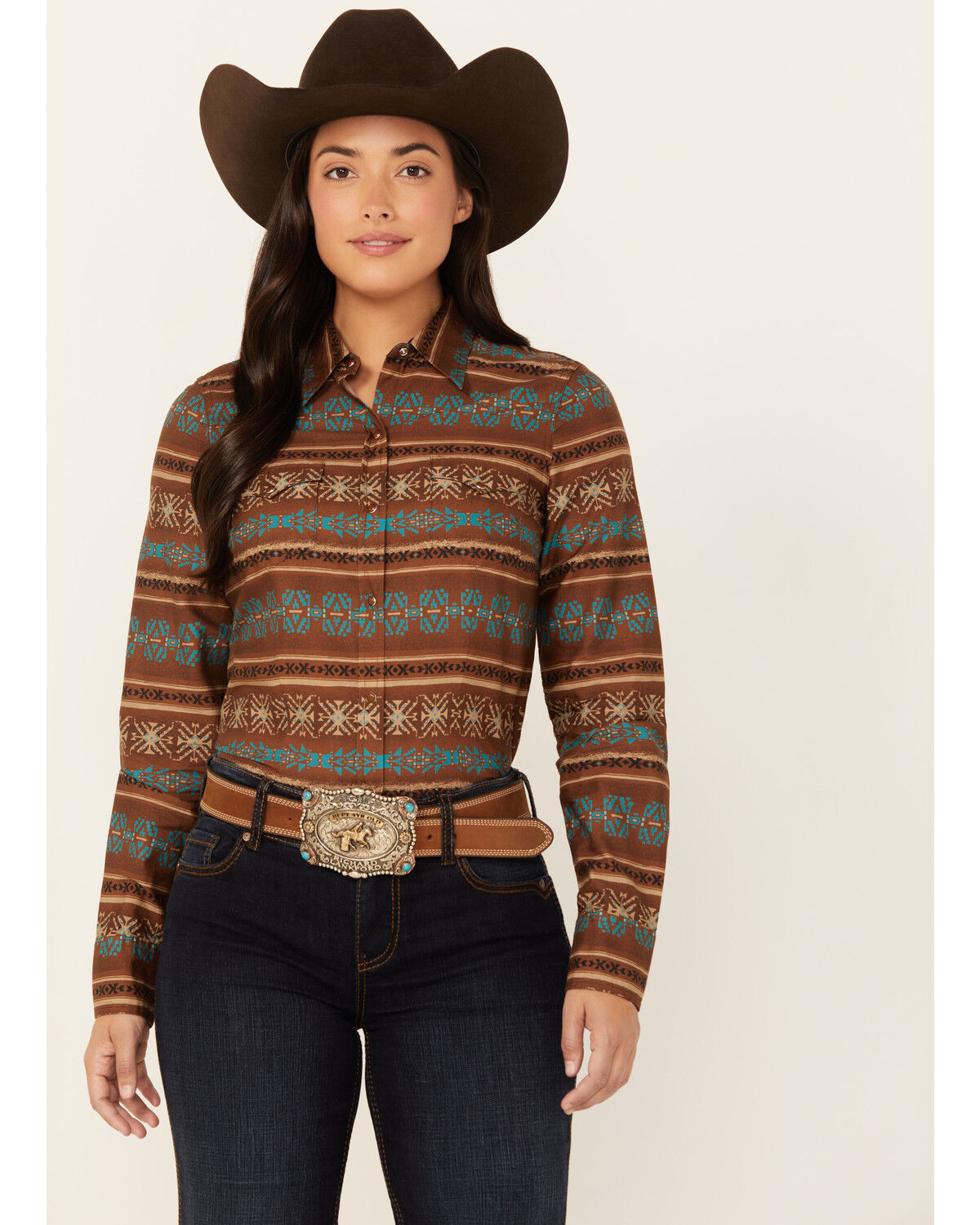 Image #1 - Roper Women's Southwestern Print Long Sleeve Snap Western Shirt, Brown, hi-res
