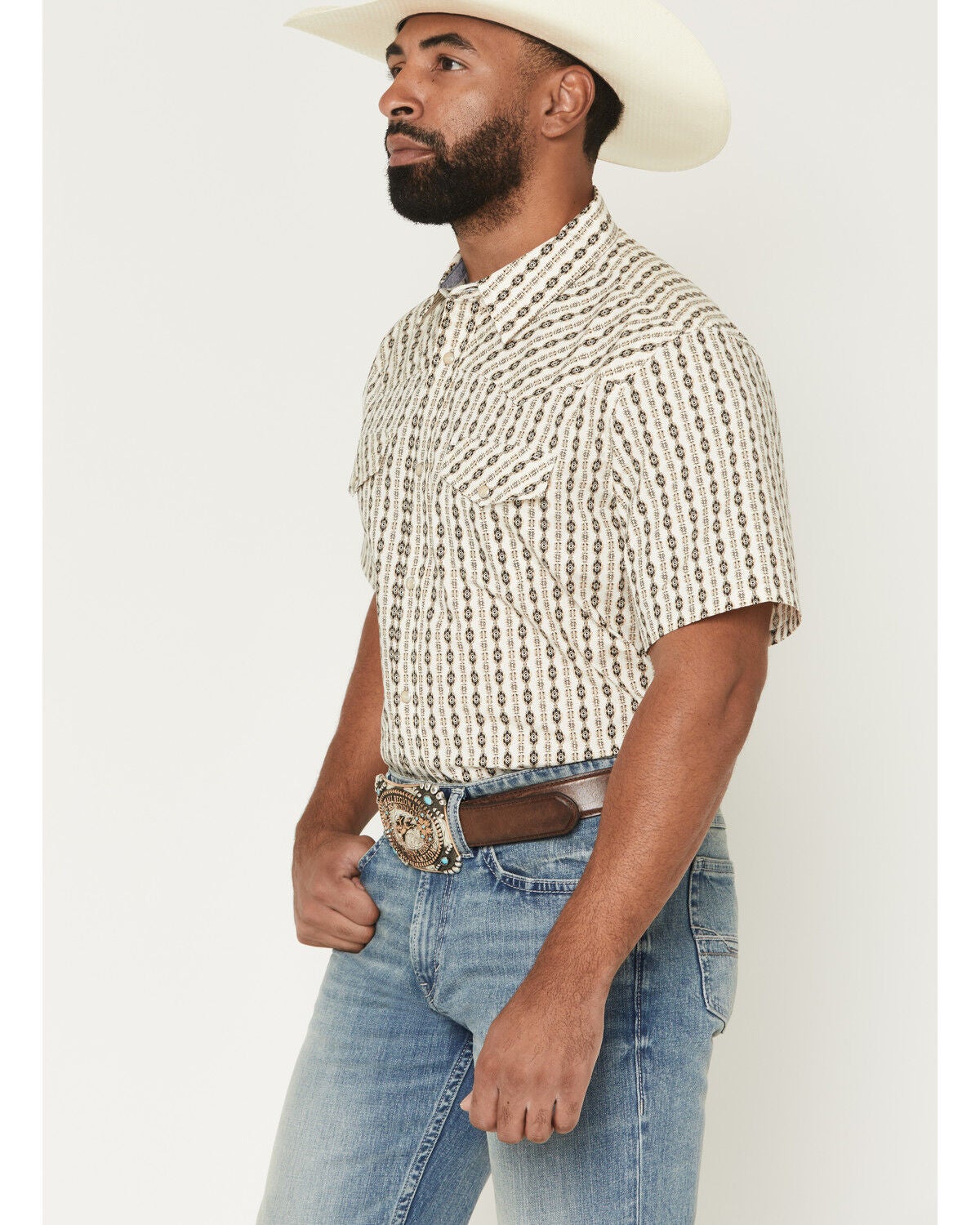 Image #2 - RANK 45&reg; Men's Eye In The Sky Geo Stripe Print Short Sleeve Snap Stretch Western Shirt, Ivory, hi-res