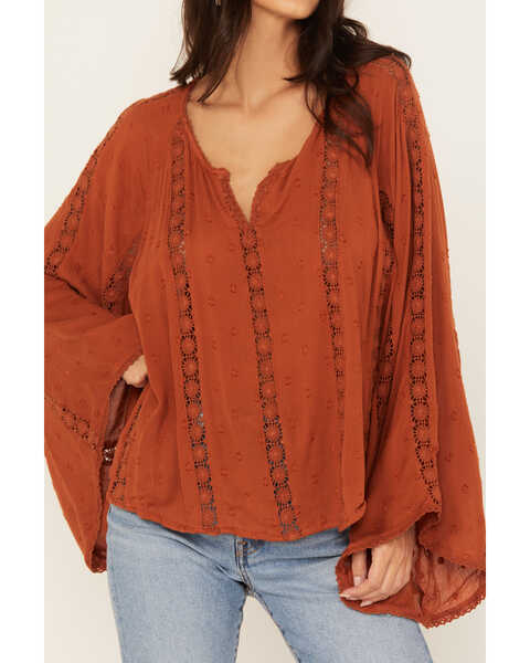 Image #3 - Angie Women's Crochet Notched Long Sleeve Peasant Top, Caramel, hi-res