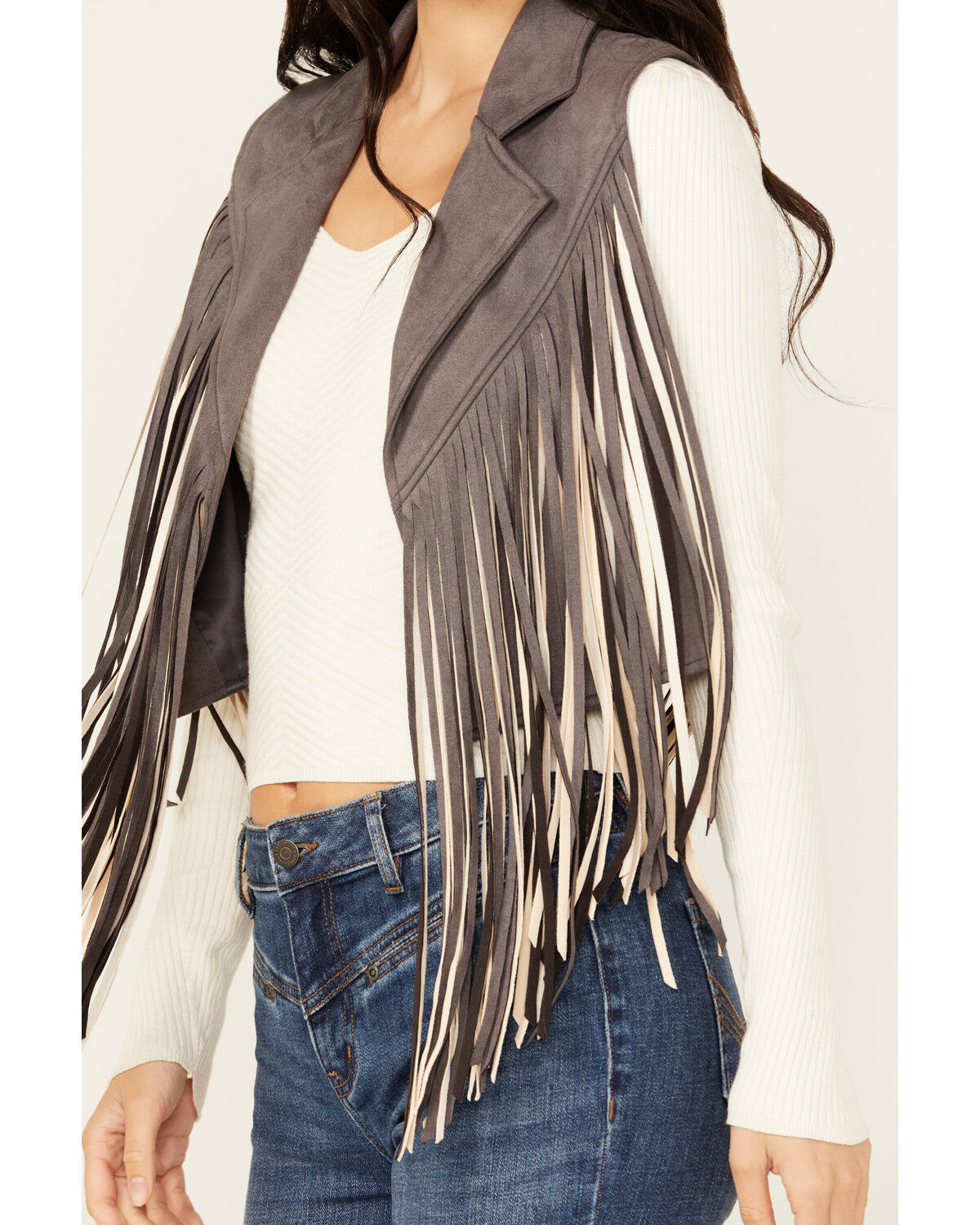 Image #3 - Saints & Hearts Women's Contrast Fringe Faux Suede Vest, Grey, hi-res