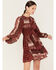 Flying Tomato Women's Paisley Patchwork Smocked Dress, Burgundy, hi-res
