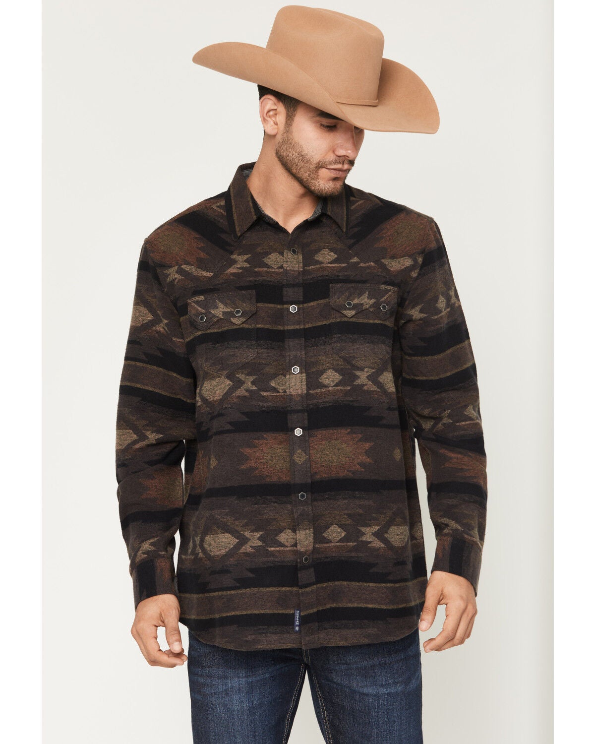 Moonshine Spirit&reg; Men's Denver Tonal Southwestern Print Long Sleeve Snap Flannel Shirt, Brown, hi-res