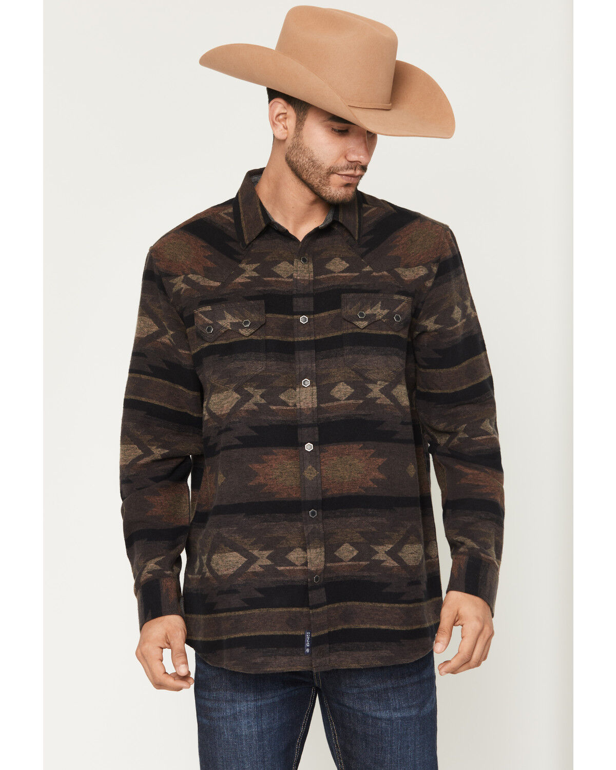 Image #1 - Moonshine Spirit Men's Denver Tonal Southwestern Print Long Sleeve Snap Flannel Shirt, Brown, hi-res