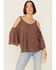 Wild Moss Women's Mauve Ditsy Floral Cold Shoulder Woven Top, Mauve, hi-res