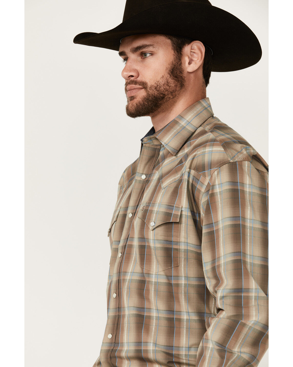 Image #2 - Stetson Men's Plaid Print Long Sleeve Pearl Snap Western Shirt, Lt Brown, hi-res