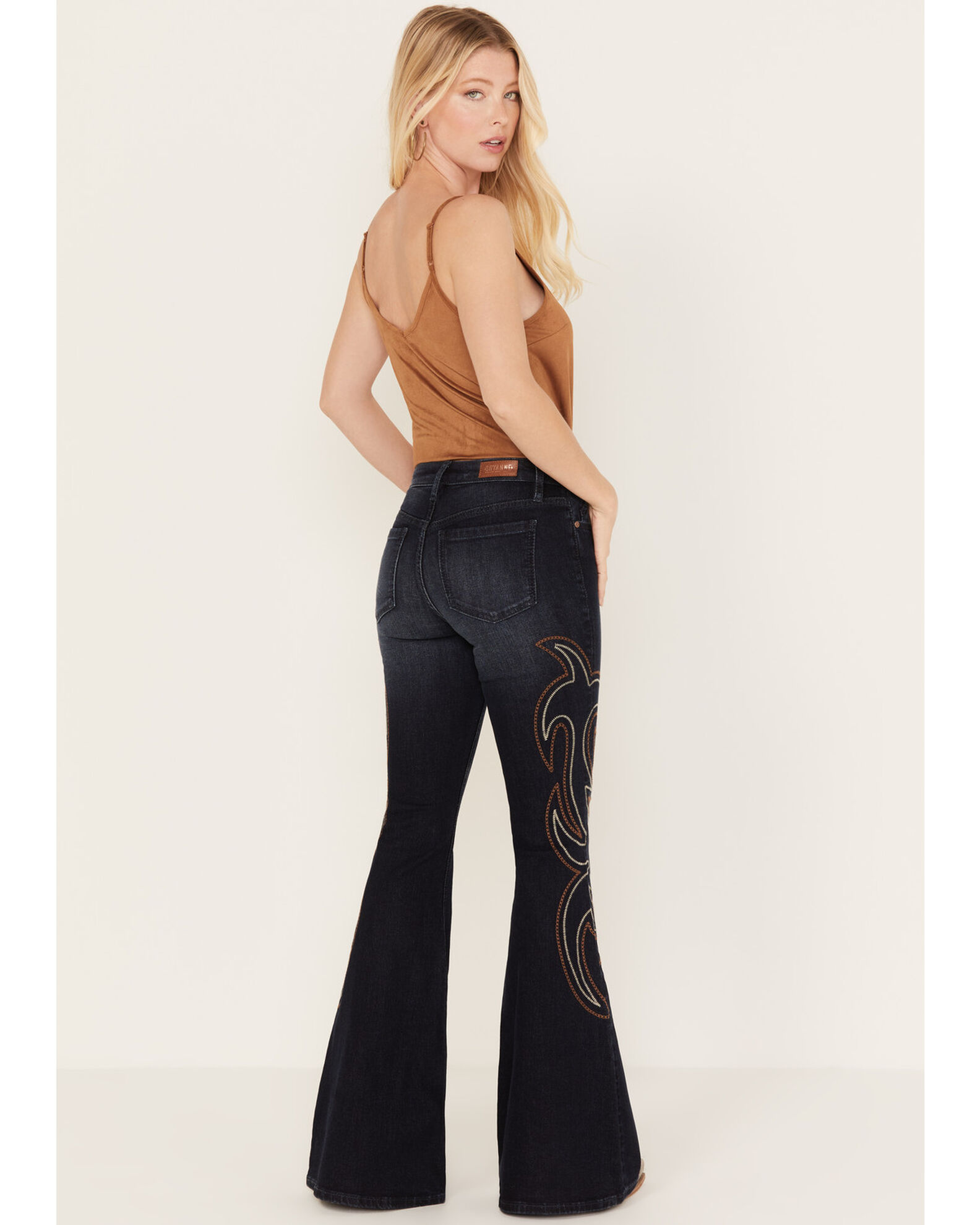 Image #3 - Shyanne Women's Dark Wash Mid Rise Embroidered Flare Jeans, Dark Medium Wash, hi-res