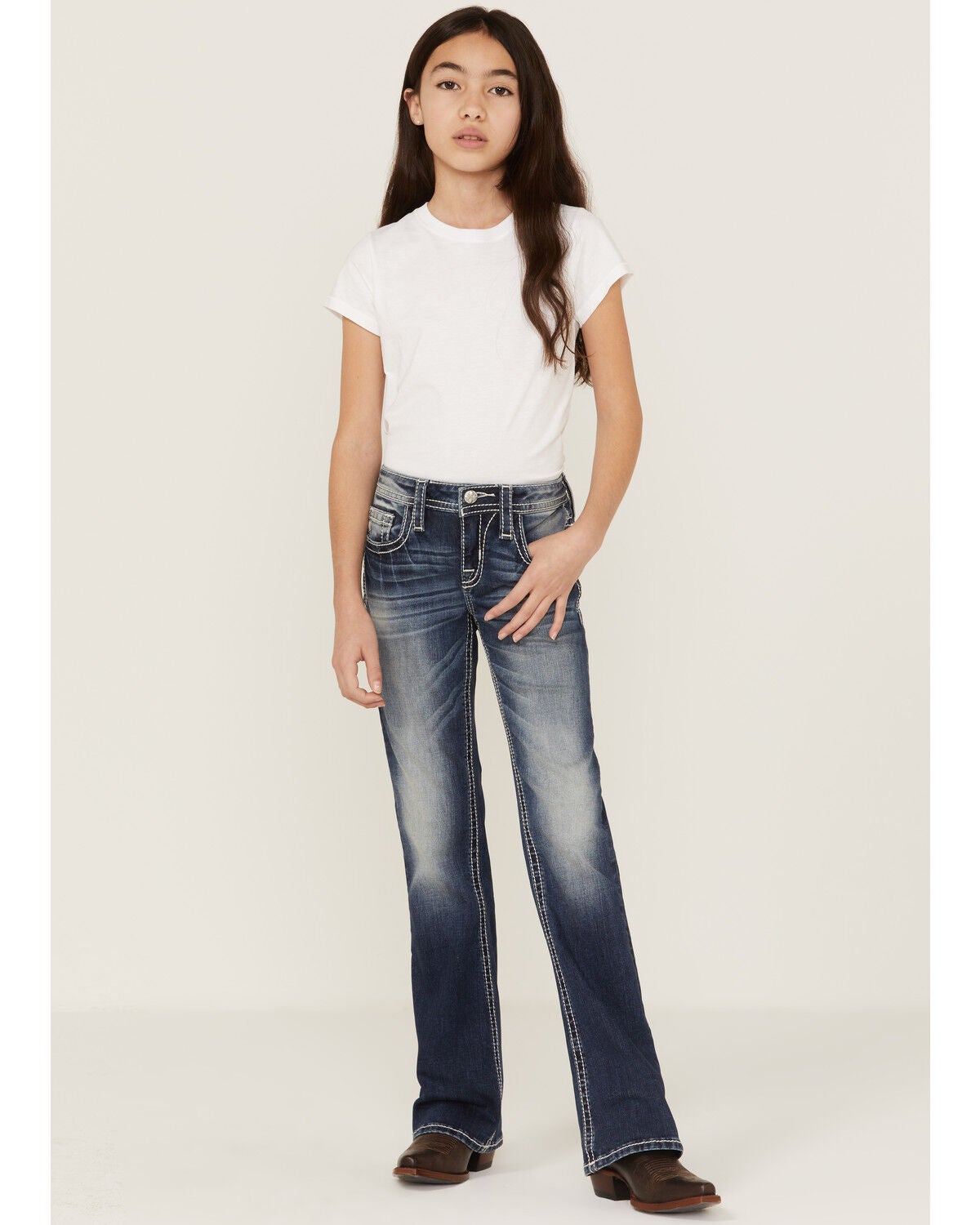 Image #1 - Miss Me Girls' Light Wash Mid Rise Americana Star Embroidered Bootcut Jeans, Blue, hi-res
