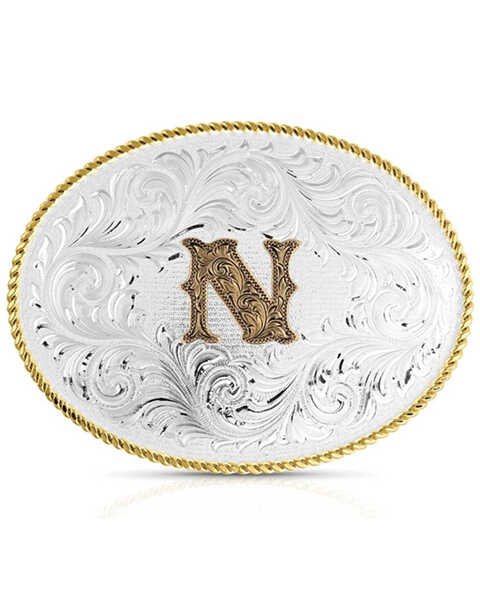 Montana Silversmiths Classic Western Oval Two-Tone Initial Belt Buckle - N, Silver, hi-res