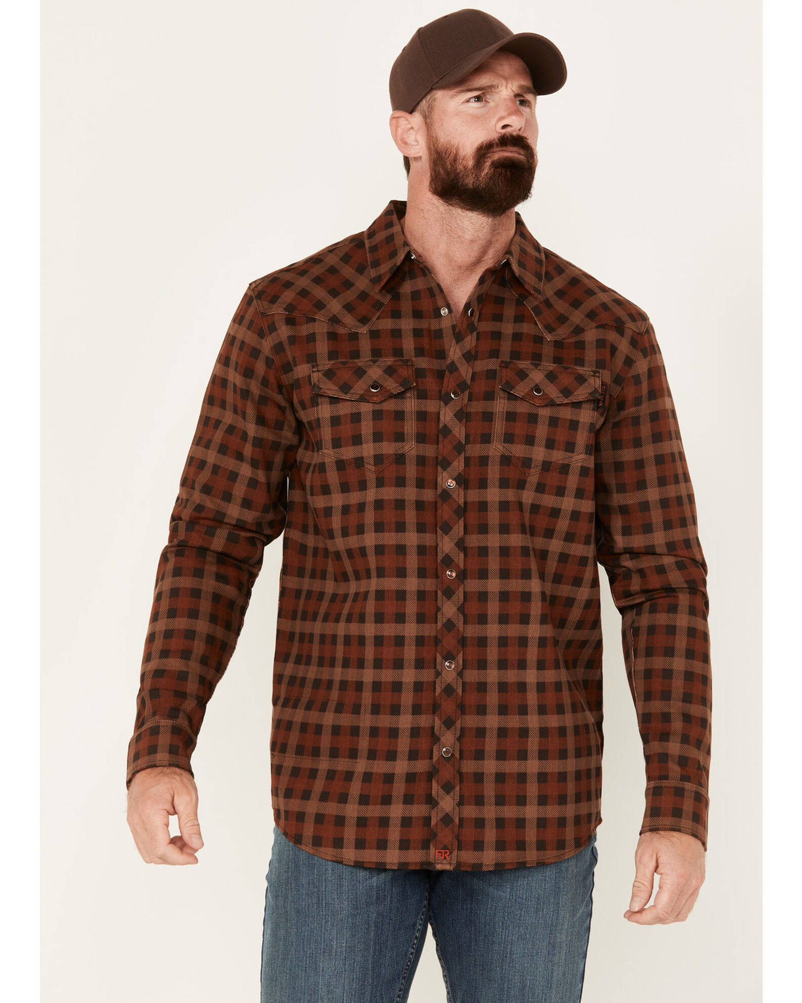 Image #1 - Cody James Men's FR Plaid Print Long Sleeve Snap Western Work Shirt, Cognac, hi-res