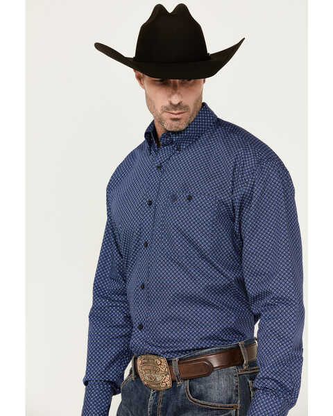 Image #2 - George Strait by Wrangler Men's Geo Print Long Sleeve Button-Down Western Shirt, Dark Blue, hi-res