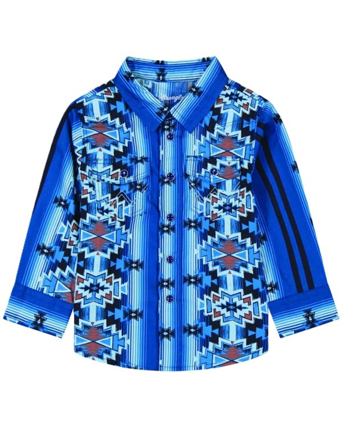 Image #1 - Wrangler Infant Boys' Checotah Southwestern Striped Long Sleeve Snap Western Shirt, Blue, hi-res
