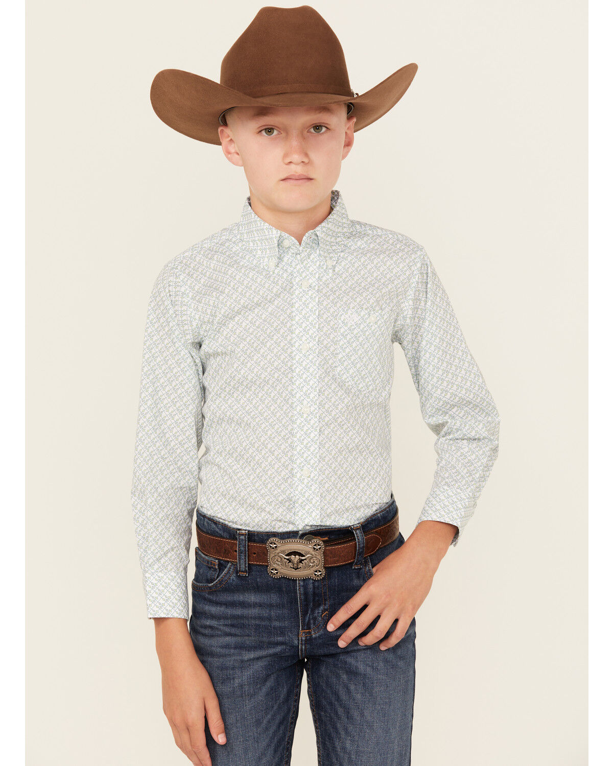 Image #1 - Wrangler Boys' 20x Geo Print Long Sleeve Button-Down Western Shirt, Beige, hi-res