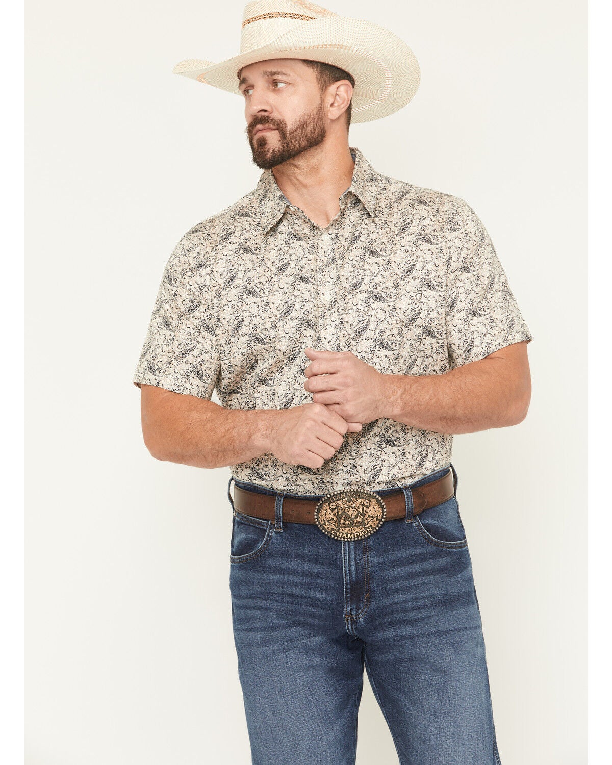 Cody James Men's Mustang Mode Paisley Print Short Sleeve Button-Down Stretch Western Shirt, Cream, hi-res