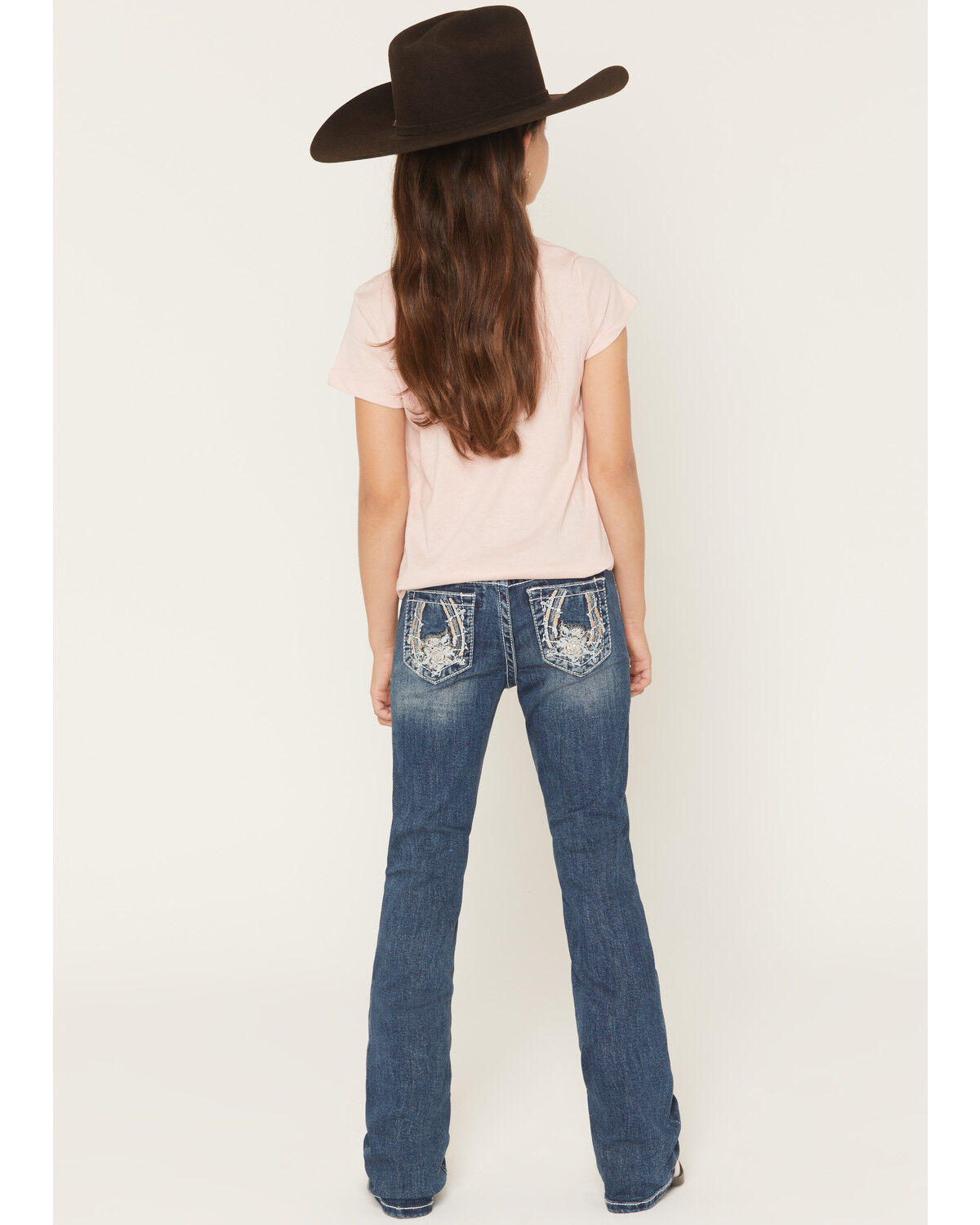Image #1 - Grace in LA Girls' Dark Wash Floral Horseshoe Pocket Bootcut Stretch Denim Jeans, Dark Wash, hi-res