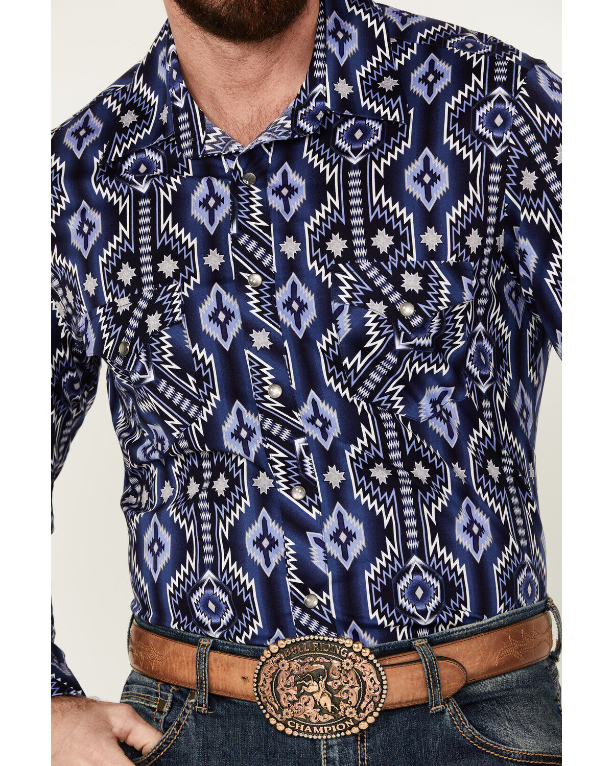Image #3 - Rock & Roll Denim Men's Southwestern Print Long Sleeve Pearl Snap Stretch Western Shirt, Dark Blue, hi-res