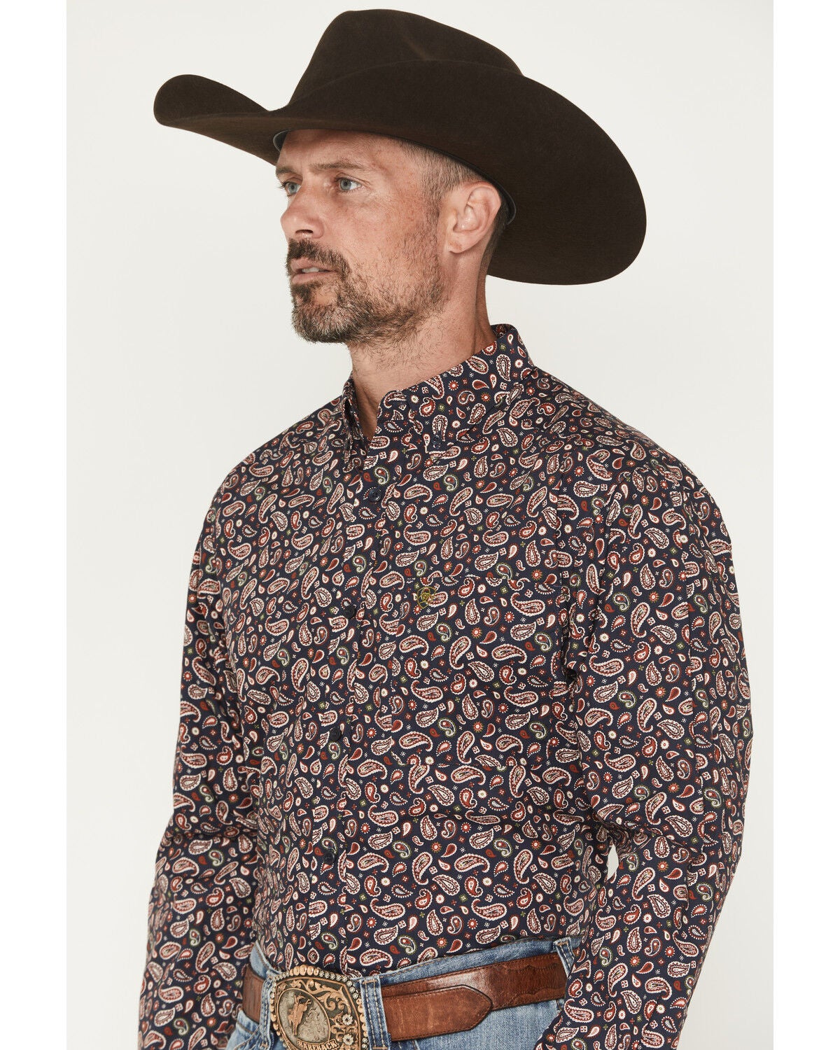 Image #2 - Ariat Men's Wallace Paisley Print Long Sleeve Button-Down Western Shirt, Navy, hi-res