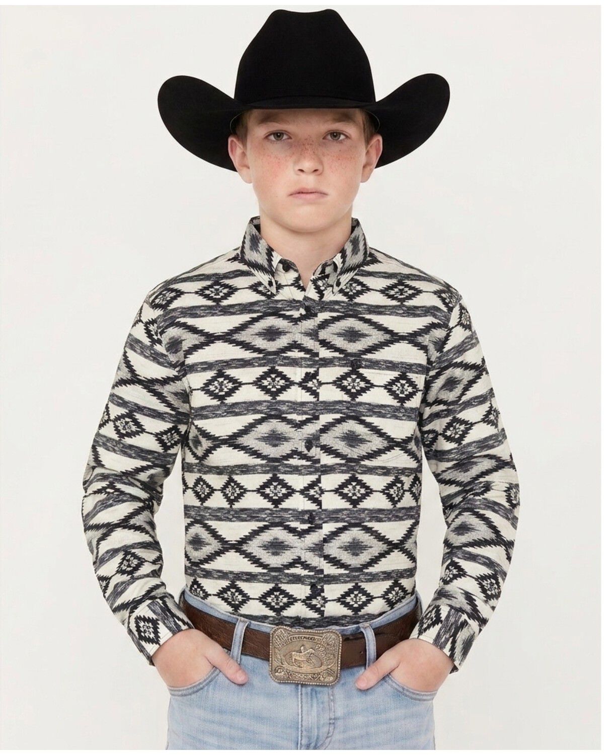 Cody James Boys' Tiki Room Southwestern Striped Long Sleeve Snap Stretch Western Shirt, Blue, hi-res