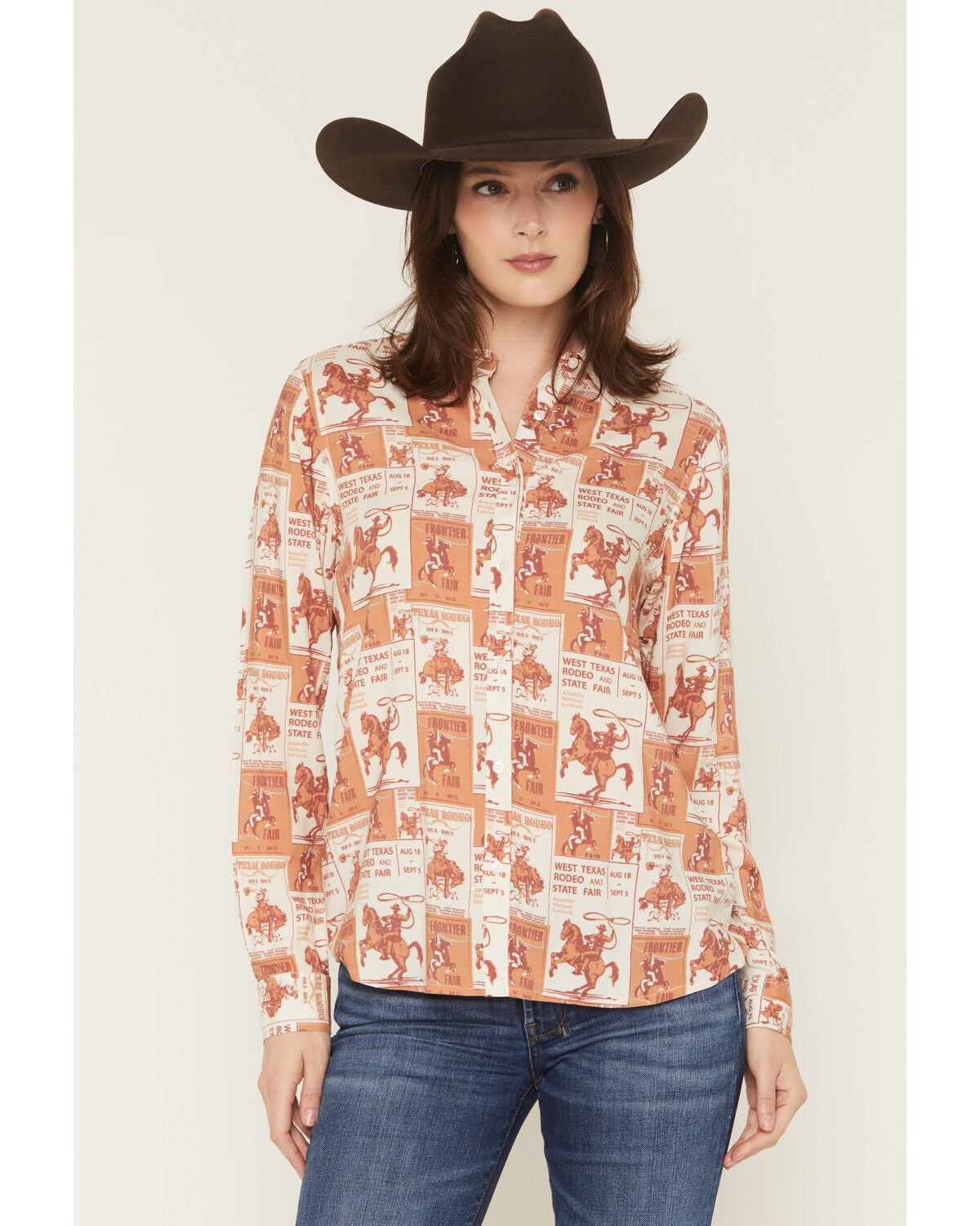 Image #1 - Rock & Roll Denim Women's Poster Print Long Sleeve Button-Down Western Shirt, Rust Copper, hi-res