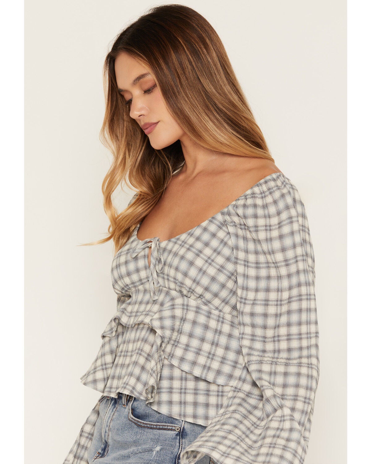 Image #2 - Cleo + Wolf Women's Plaid Print Long Sleeve Peplum Top, Blue, hi-res