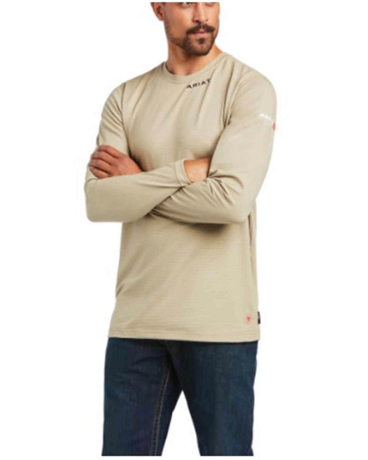 Image #1 - Ariat Men's FR Solid Base Layer Long Sleeve Work T-Shirt, Beige/khaki, hi-res