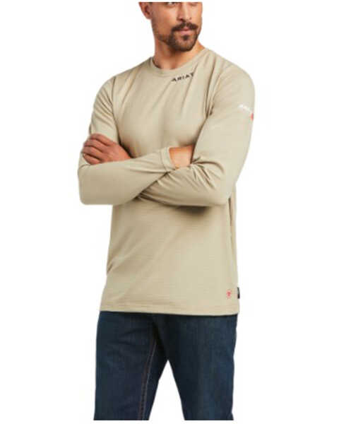 Ariat Men's FR Solid Base Layer Long Sleeve Work T-Shirt , Beige/khaki, hi-res