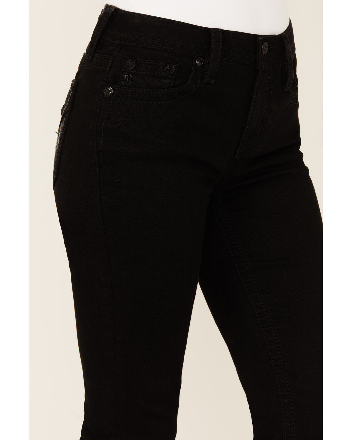 Image #4 - Miss Me Women's Mid Rise Wing Pocket Bootcut Stretch Denim Jeans, Black, hi-res