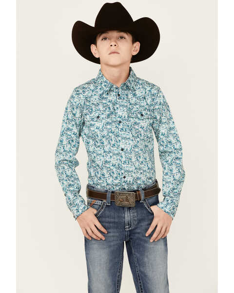 Cody James Boys' Rushmore Paisley Print Long Sleeve Snap Western Shirt , Blue, hi-res