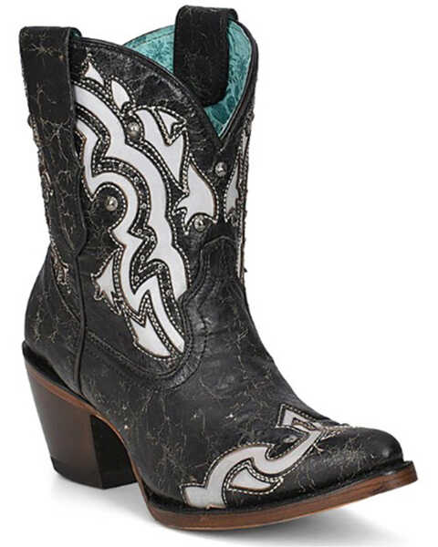 Image #1 - Corral Women's Inlay Studded Western Fashion Booties - Pointed Toe , Black/white, hi-res