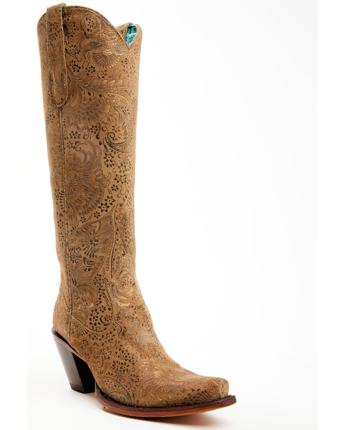 Corral Women's Stamped Floral Suede Tall Western Boots - Snip Toe, Sand, hi-res