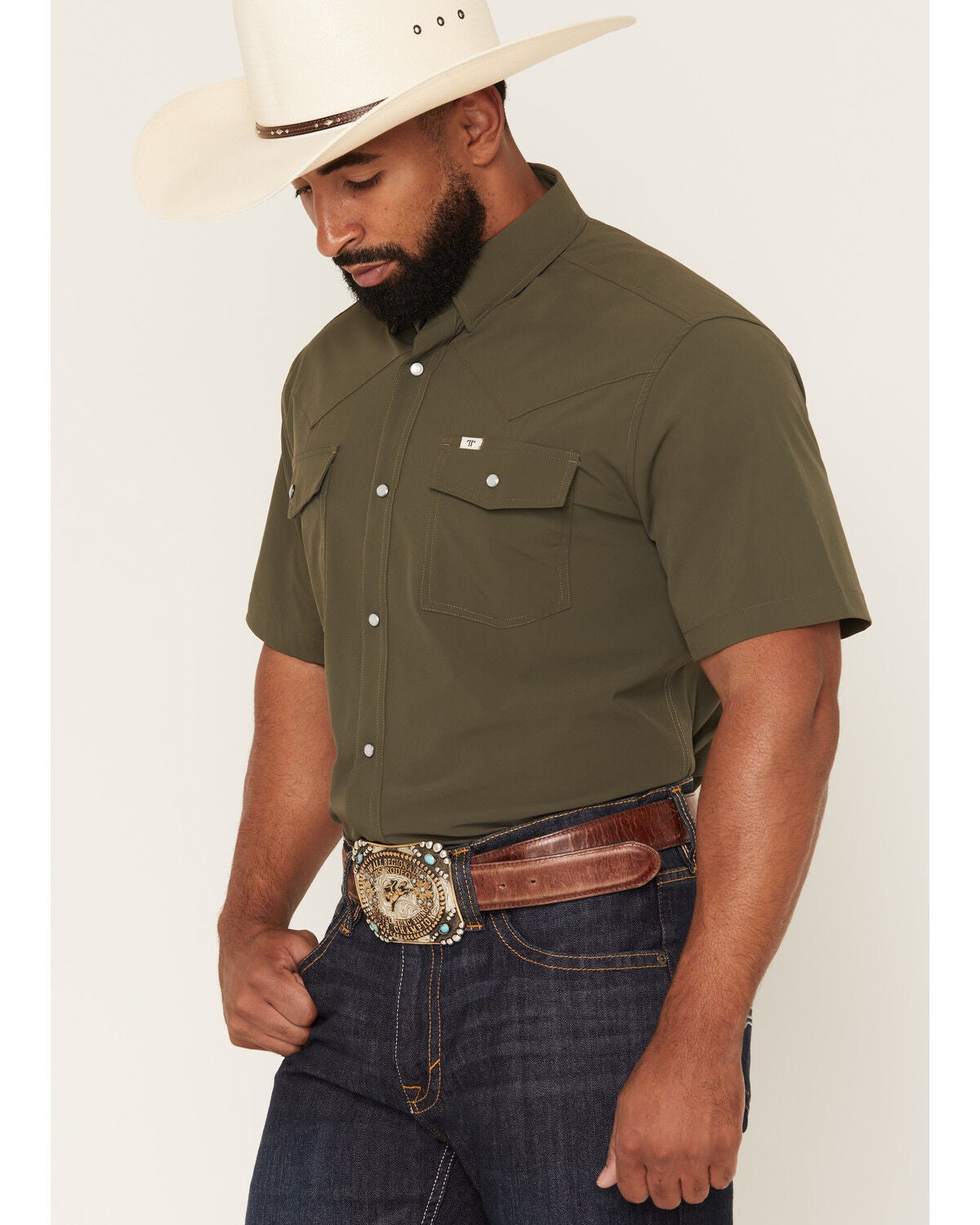 Image #2 - Ferrell Men's Tek Solid Short Sleeve Pearl Snap Stretch Performance Western Shirt, Olive, hi-res