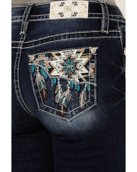 Image #2 - Miss Me Women's Dark Wash Mid Rise Feather Pocket Bootcut Stretch Denim Jeans , Dark Wash, hi-res