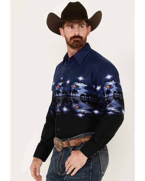 Image #2 - Panhandle Men's Cowboy Border Print Long Sleeve Snap Western Shirt, Blue, hi-res