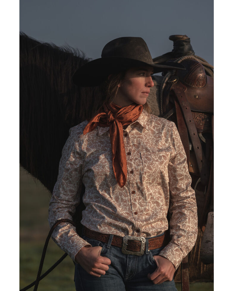 Rank 45 Women's Paisley Stretch Button Western Shirt, Rust Copper, hi-res