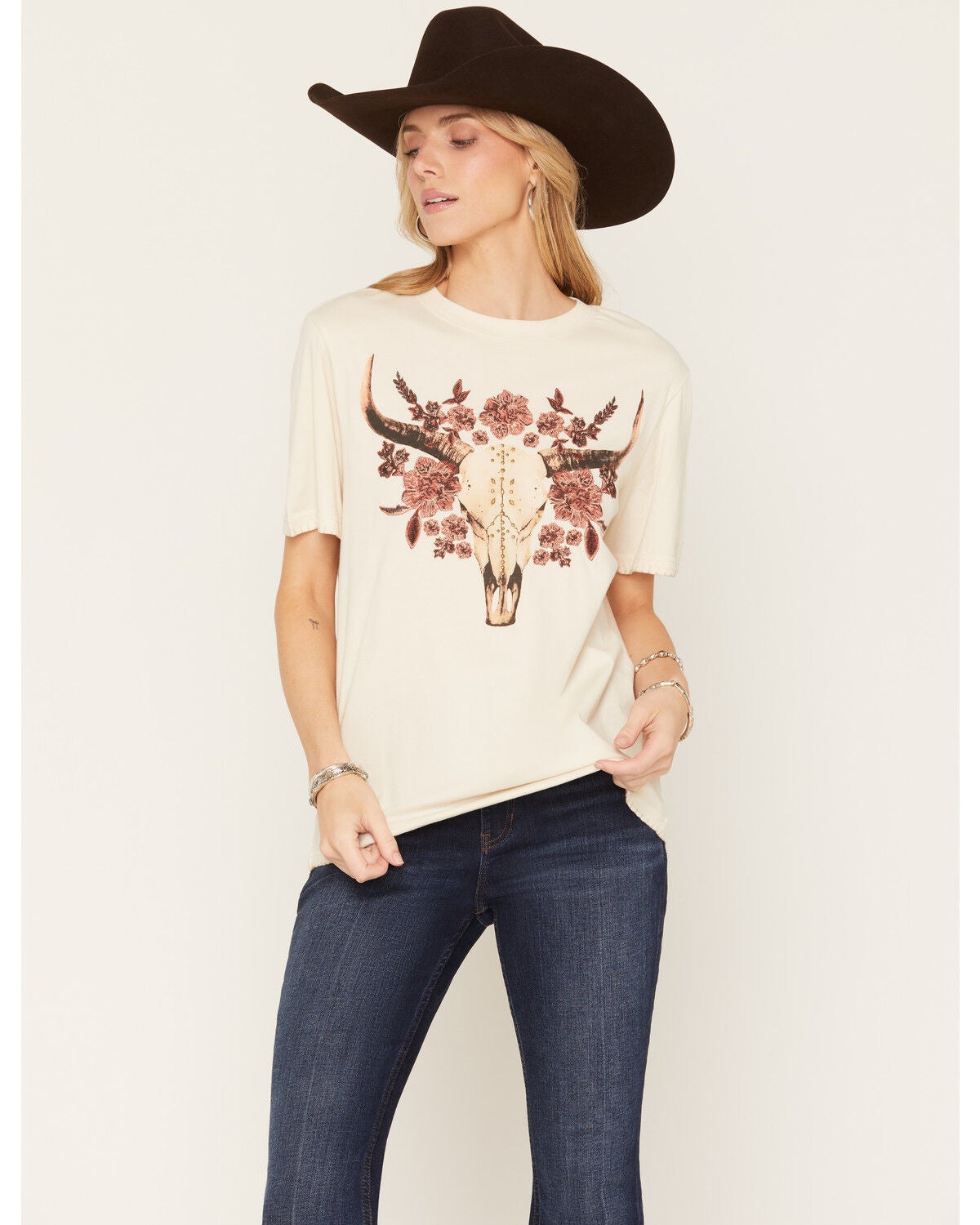 Image #1 - Shyanne Women's Embroidered and Studded Bull Skull Short Sleeve Graphic Tee, Natural, hi-res