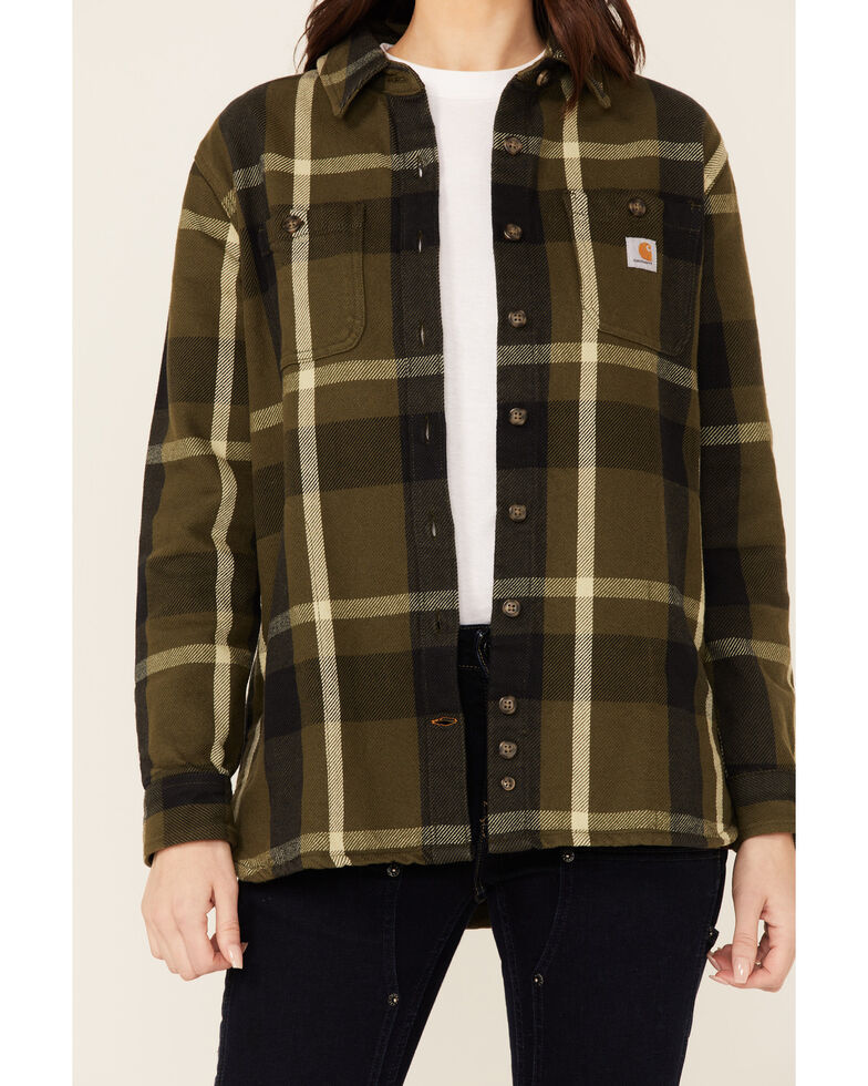 Carhartt Women's Plaid Button-Down Flannel Shacket, Olive, hi-res