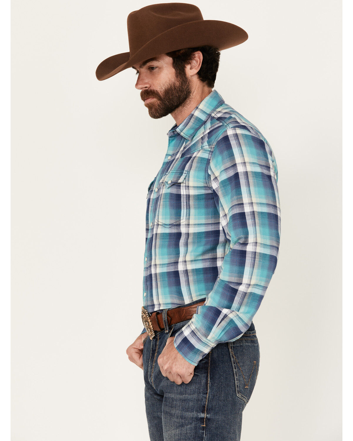 Image #2 - Wrangler Retro Men's Plaid Print Long Sleeve Snap Western Shirt, Teal, hi-res