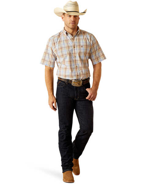 Ariat Men's Pro Series Denzel Plaid Print Short Sleeve Button-Down Western Shirt - Tall , Beige, hi-res