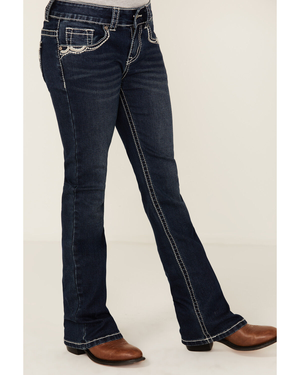Image #2 - Shyanne Girls' Dark Wash Lace Pockets Bootcut Stretch Denim Jeans, Dark Wash, hi-res