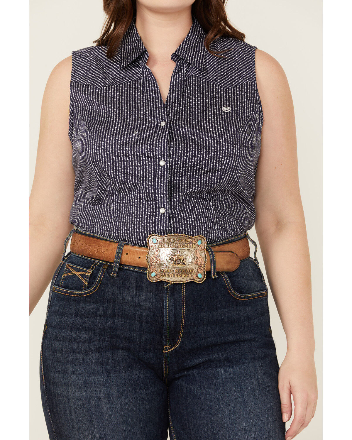 Image #3 - Roper Women's Amarillo Poplin Sleeveless Snap Western Shirt - Plus, Navy, hi-res