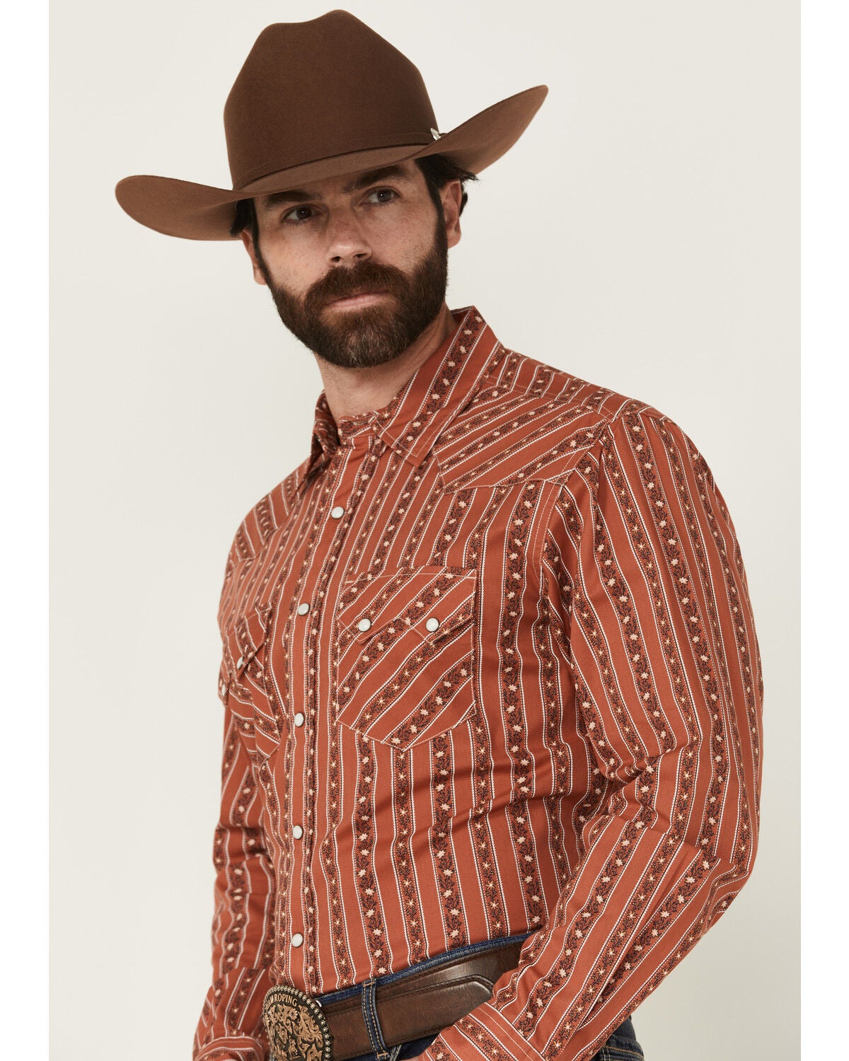Image #2 - Cinch Men's Floral Striped Print Modern Fit Long Sleeve Snap Western Shirt, Orange, hi-res