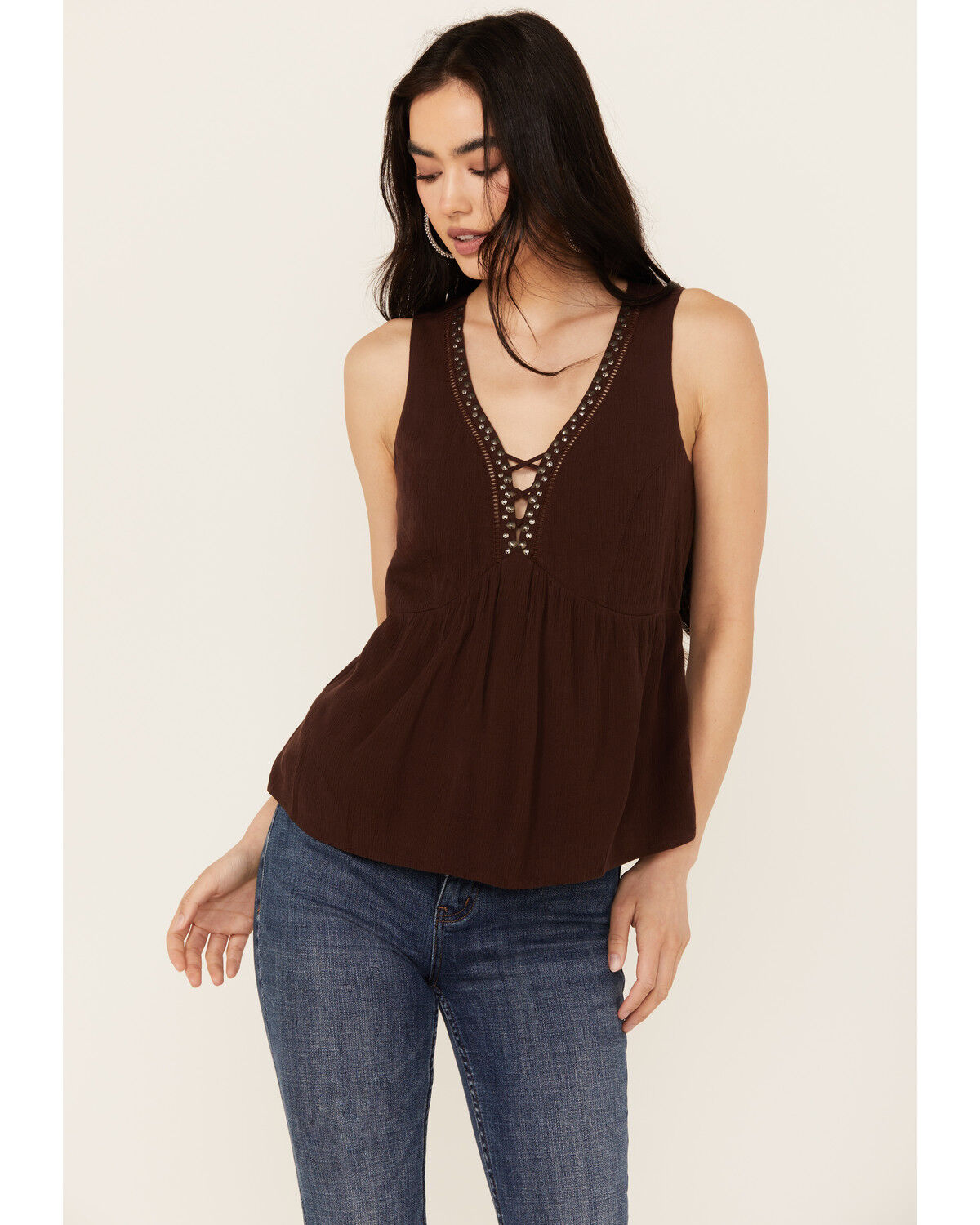 Image #1 - Idyllwind Women's Spruce Criss Cross Front Embellished Tank, Dark Brown, hi-res