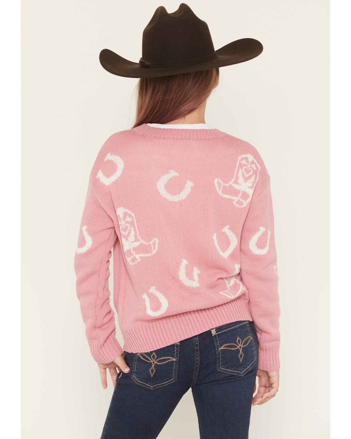 Image #4 - Self Esteem Girls' Horseshoe and Boots Sweater, Pink, hi-res
