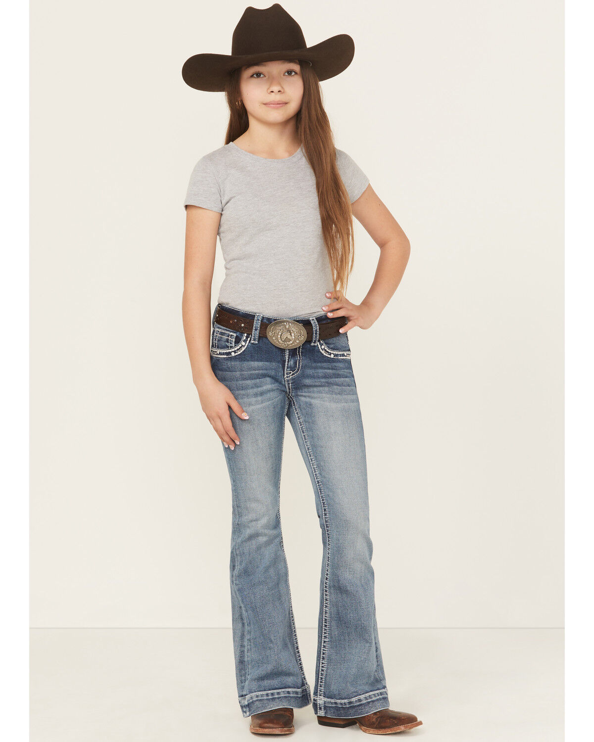 Image #3 - Grace in LA Girls' Medium Wash Paisley Pocket Bootcut Stretch Denim Jeans, Medium Wash, hi-res