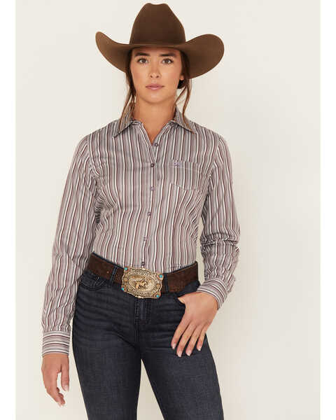 Image #1 - Cinch Women's Striped Long Sleeve Button Down Western Core Shirt, Burgundy, hi-res