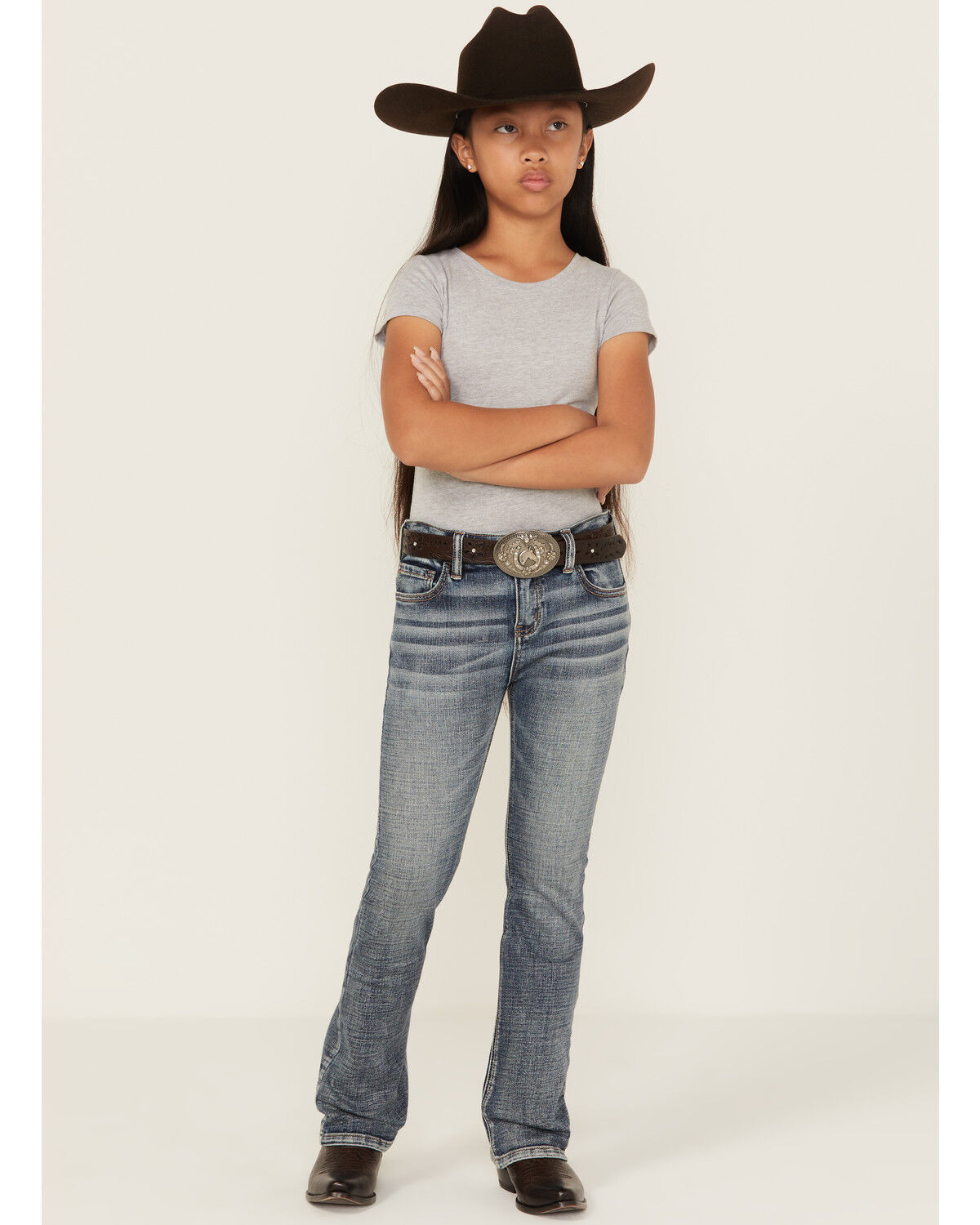 Image #3 - Shyanne Girls' Dawn Studded Pocket Bootcut Stretch Denim Jeans, Dark Wash, hi-res