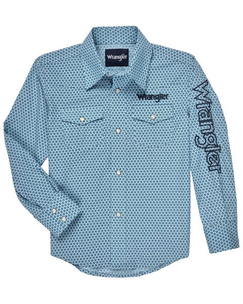 Image #1 - Wrangler Boys' Geo Print Long Sleeve Snap Western Shirt, Blue, hi-res