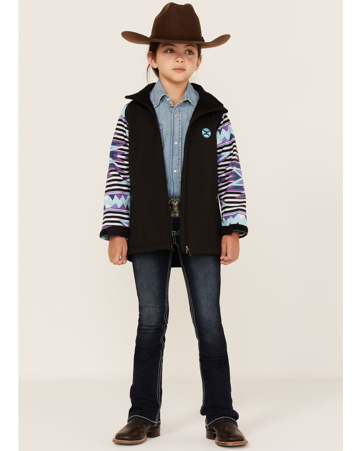 Image #2 - Hooey Girls' Southwestern Print Sleeve Zip-Front Softshell Jacket, Black, hi-res