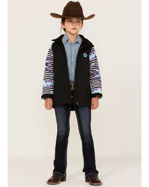 Image #2 - Hooey Girls' Southwestern Print Sleeve Zip-Front Softshell Jacket , Black, hi-res